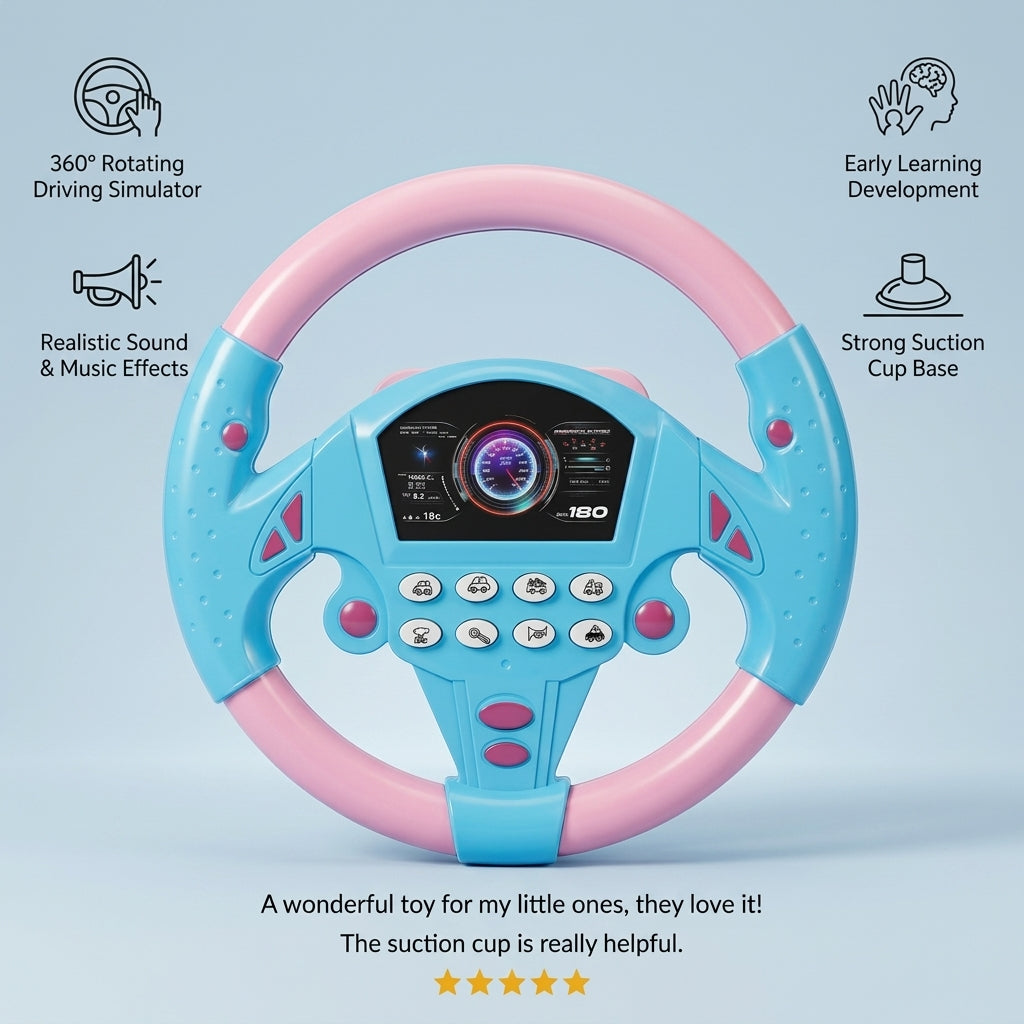 Kids Steering Wheel Toy with Sound & Light – 360° Rotating Driving Simulator