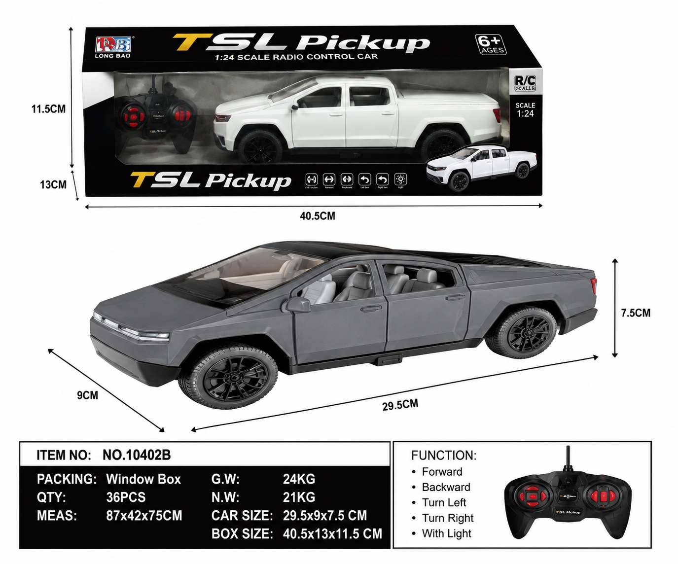 TSL Pickup 1:24 Scale Radio Control Car – White Electric RC Truck Toy with Full Functions, LED Lights & Remote Control for Kids