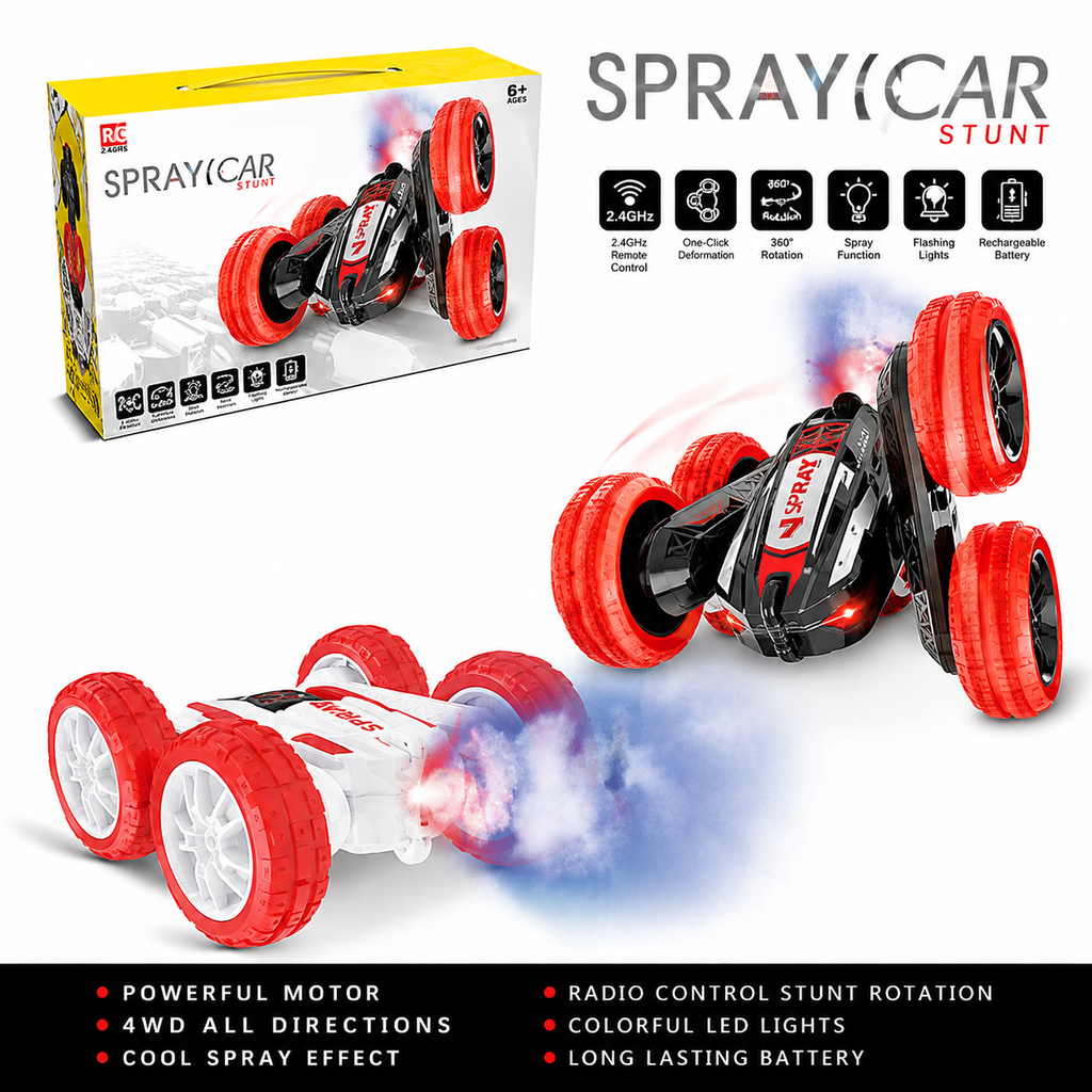 RC Spray Stunt Car – 2.4GHz 4WD Double-Sided Tumbling Remote Control Car with Mist Smoke Effect, 360° Rotating Flashing LED Lights, and Rechargeable Battery for Kids Age 6+