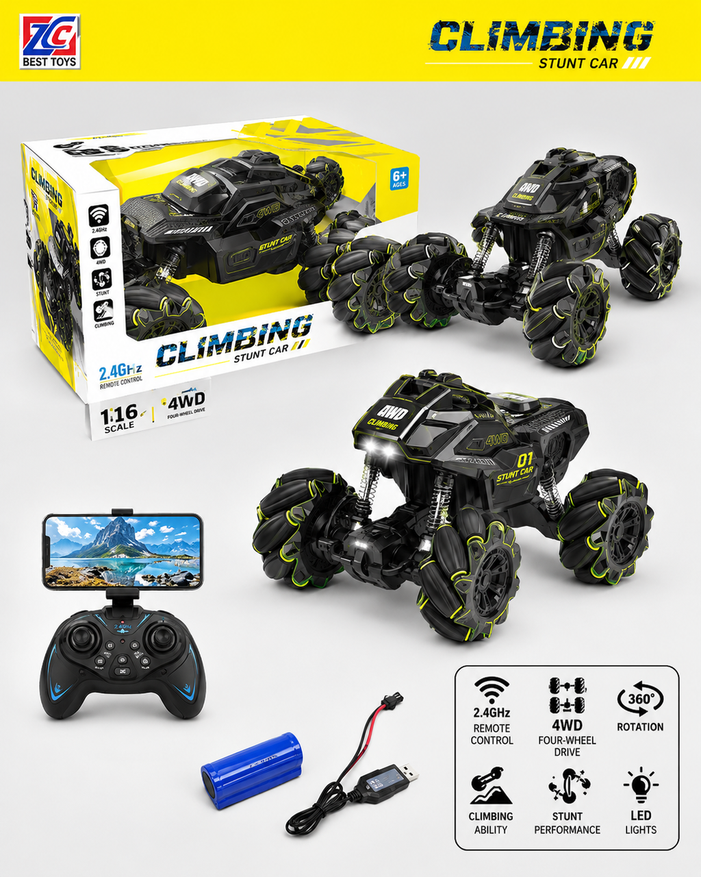 RC Climbing Stunt Car – 1:16 Scale 2.4GHz 4WD Off-Road Monster Truck with Gesture Sensing, 360° Rotation, All-Terrain Climbing, and Bright LED Lights for Kids Age 6+