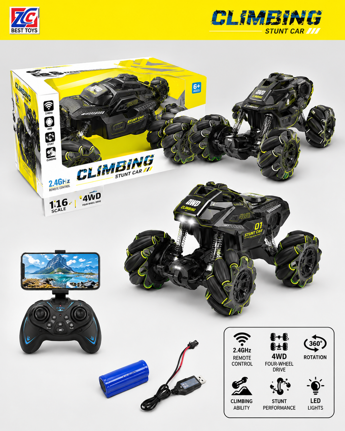 RC Climbing Stunt Car – 1:16 Scale 2.4GHz 4WD Off-Road Monster Truck with Gesture Sensing, 360° Rotation, All-Terrain Climbing, and Bright LED Lights for Kids Age 6+