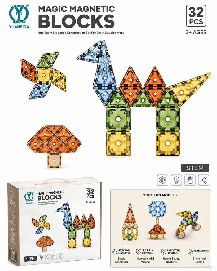 Magic Magnetic Blocks – 32-Piece STEM Educational Construction Toy Set with Transparent Colorful Tiles, Strong Magnets, and Creative Building Shapes for Kids Age 3+
