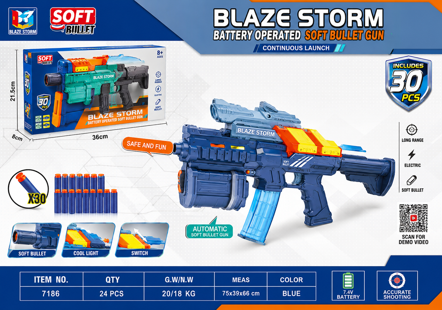 Blaze Storm Battery Operated Soft Bullet Gun – Continuous Launch Electric Foam Dart Blaster with 30 Darts, Cool Light Effect, and Ergonomic Grip for Kids Age 8+