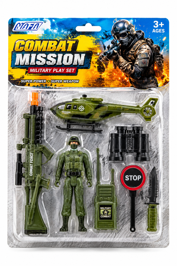 Combat Mission Military Play Set – Action-Packed 4-Inch Toy Soldier, Camouflage Helicopter, Rifle, Binoculars, and Role-Play Gear for Kids Age 3+