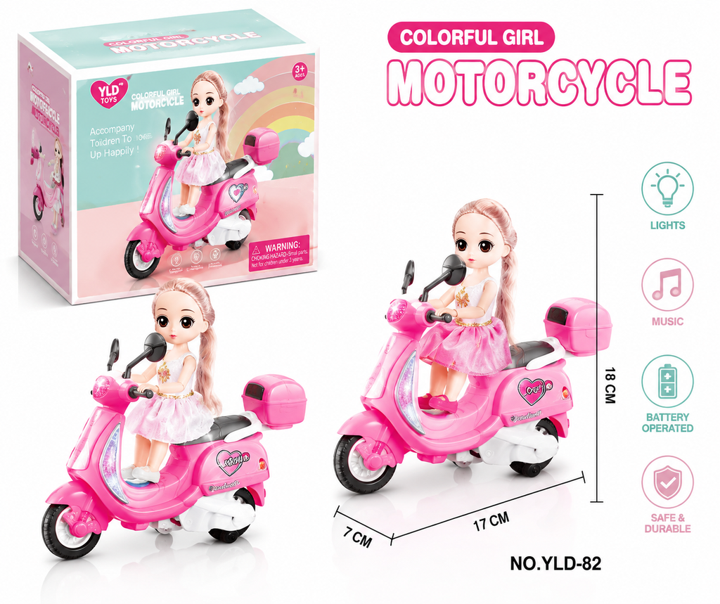 Colorful Girl Motorcycle Doll Toy – Pink Electric Scooter Play Set with Cute Fashion Doll, Working LED Headlight, Music, and Battery-Operated Action for Kids Age 3+