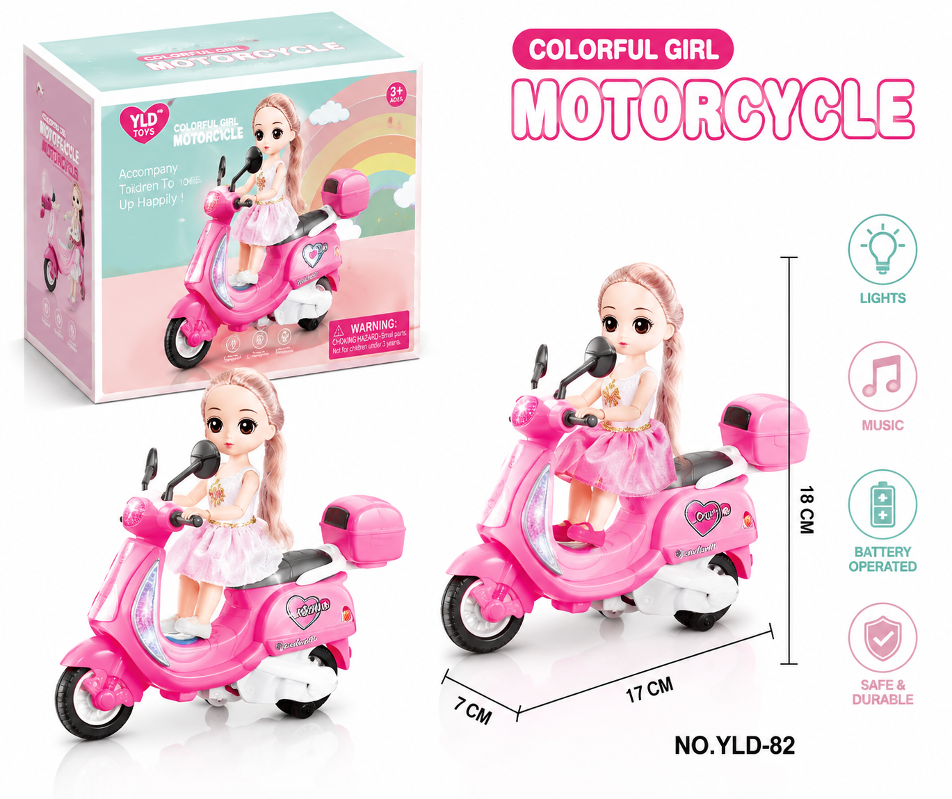 Colorful Girl Motorcycle Doll Toy – Pink Electric Scooter Play Set with Cute Fashion Doll, Working LED Headlight, Music, and Battery-Operated Action for Kids Age 3+