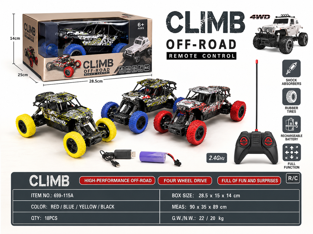 CLIMB Off-Road RC Car – 4WD High-Performance Remote Control Monster Truck with 2.4GHz Controller, Shock Absorbers, Rubber Tires, and Rechargeable Battery for Kids Age 6+