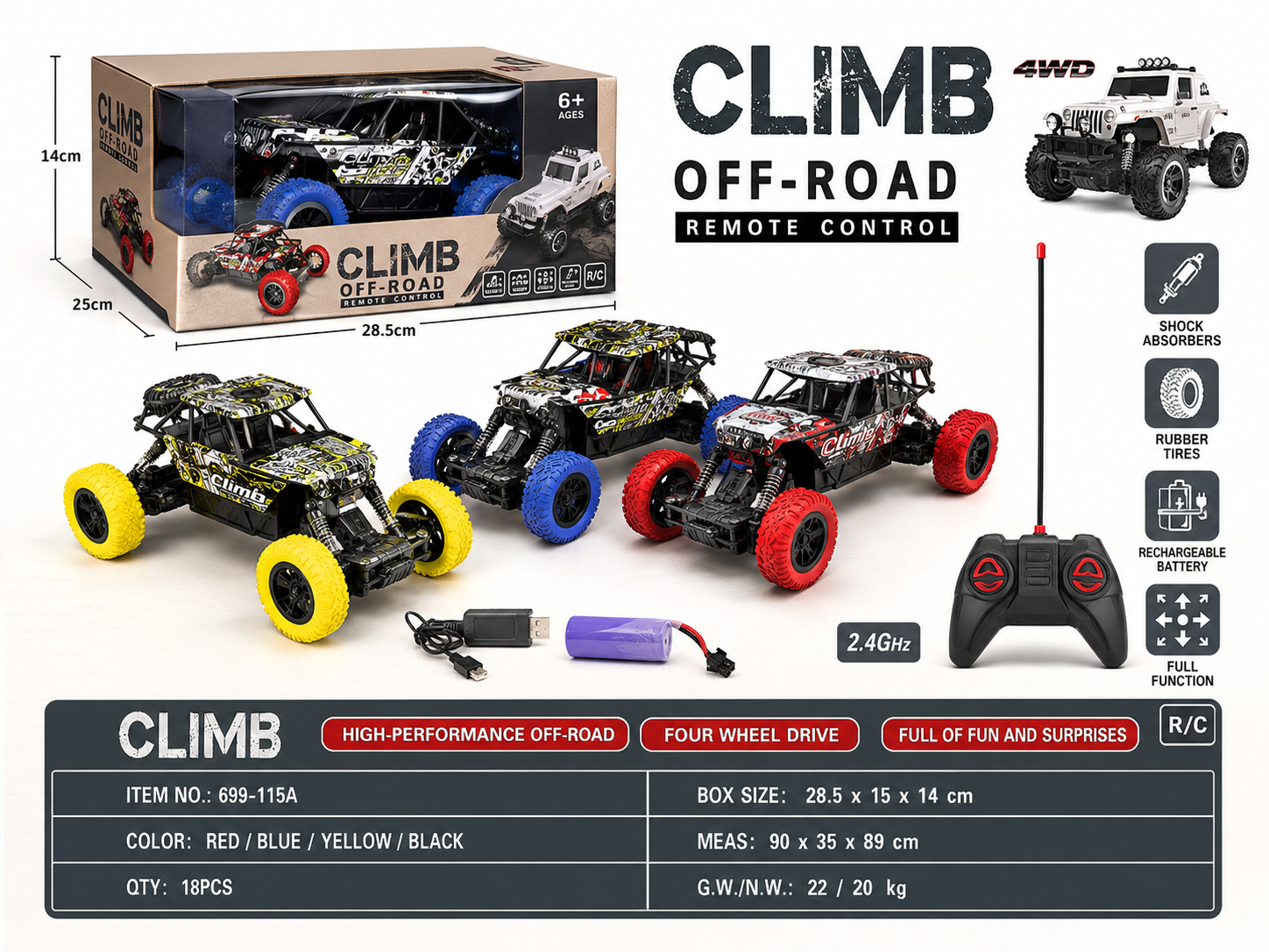CLIMB Off-Road RC Car – 4WD High-Performance Remote Control Monster Truck with 2.4GHz Controller, Shock Absorbers, Rubber Tires, and Rechargeable Battery for Kids Age 6+