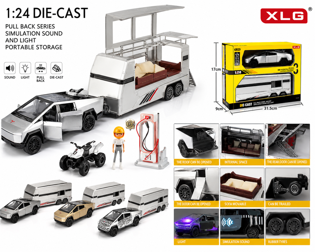 XLG 1:24 Die-Cast Car Transporter Truck Toy Set – Pull Back Series with Simulation Sound, Light, Portable Storage, Mini Vehicles, and Display Box for Kids Age 6+