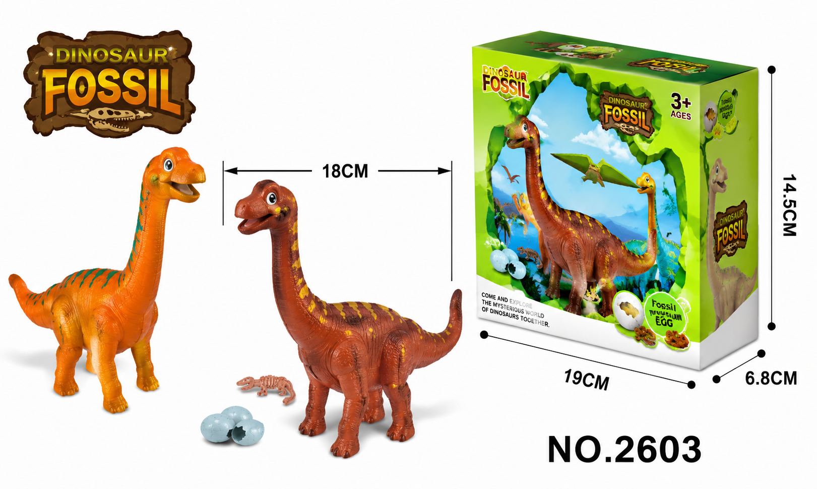 Dinosaur Fossil Toy Set – Prehistoric Brachiosaurus Figures with Fossil Skeletons, Hatching Eggs, Discovery Rocks, and Display Box for Kids Age 3+