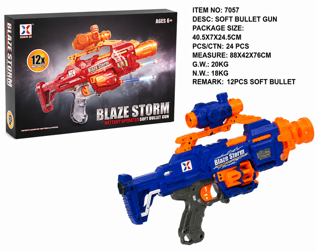 Blaze Storm Soft Bullet Toy Blaster (Item No. 7057) – Battery-Operated Foam Blaster with Tactical Scope, Rotating Cylinder, 12 Soft Bullets, and Display Box for Kids Age 6+