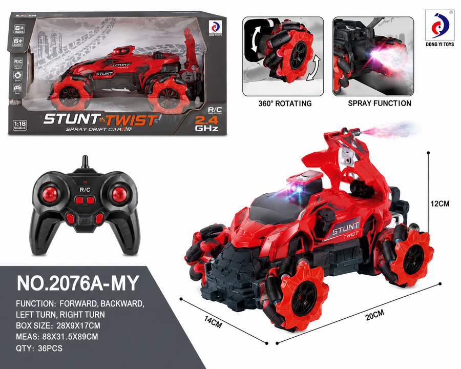 2.4GHz RC Stunt Twist Car (Item No. 2076A-MY) – High-Speed Spray Drift Vehicle with 360° Rotating Mecanum Wheels, LED Lights, and Remote Control for Kids Age 6+