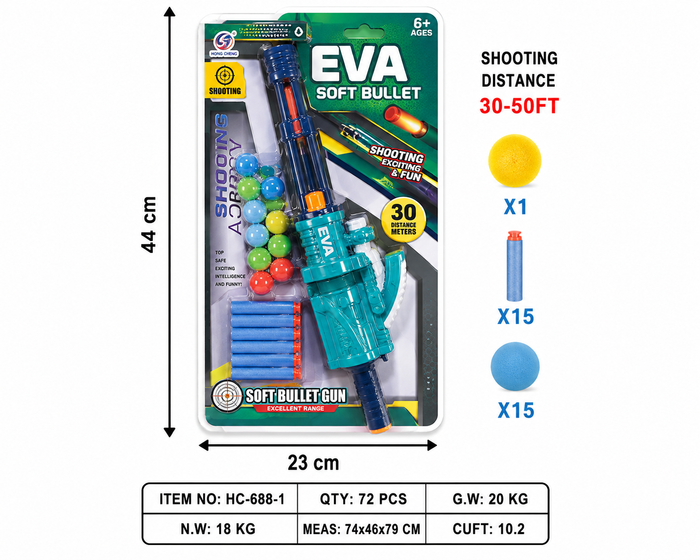 EVA Soft Bullet Gun Toy Set (Item No. HC-688-1) – Foam Dart and Colorful Ball Blaster with Multi-Shot Barrel, 15 Soft Darts, and Display Box for Kids Age 6+