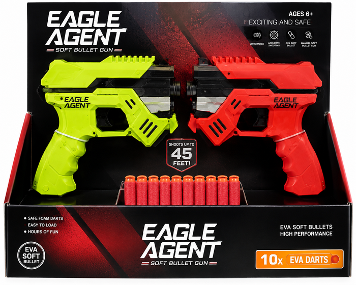 Eagle Agent Soft Bullet Gun Set – Dual Blaster Toy Set with 10 Reusable EVA Foam Darts and Display Box for Kids Age 6+