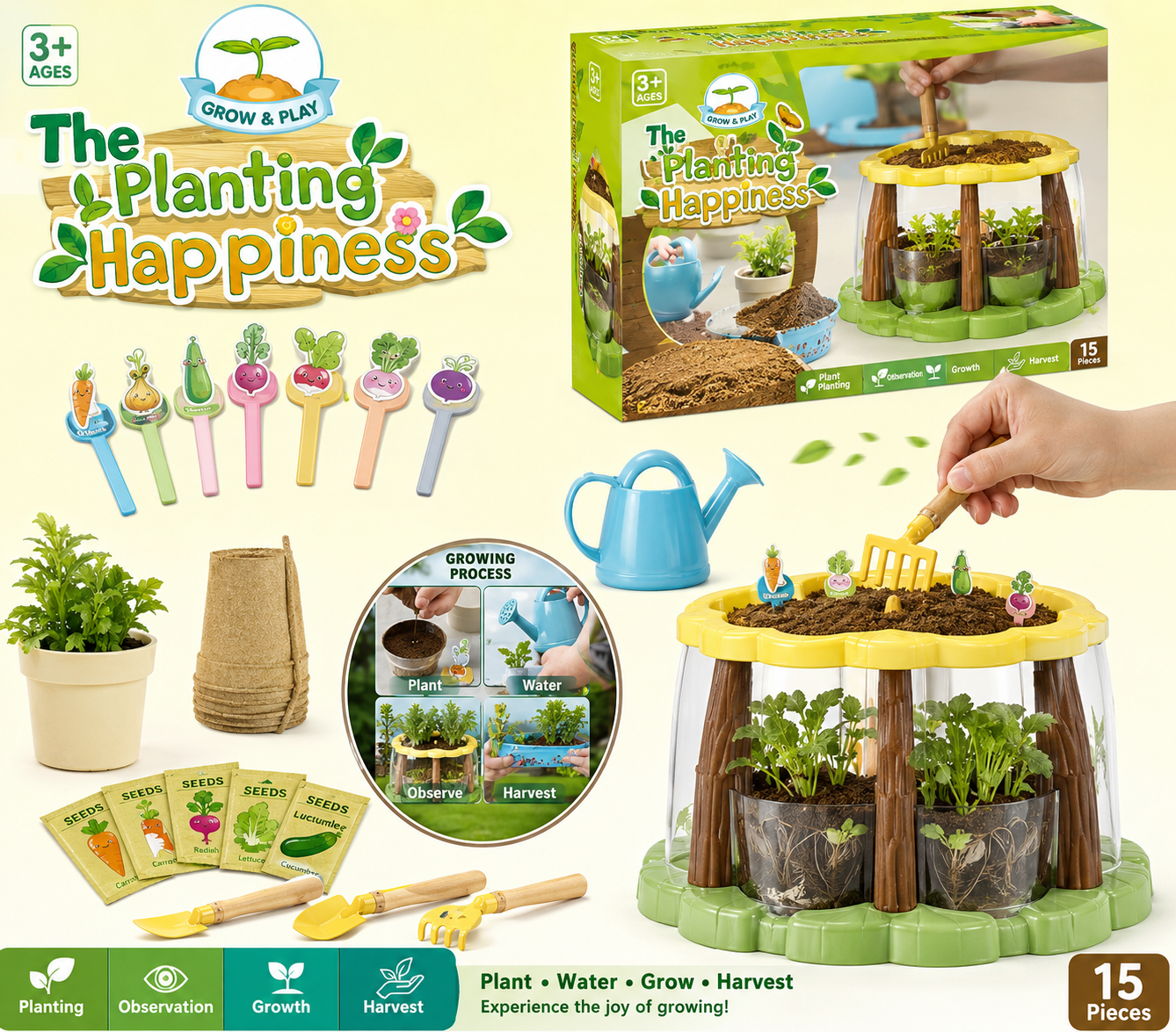 The Planting Happiness Grow & Play Garden Toy Set – 15-Piece Interactive Educational Plant Growing Kit with Transparent Root Observation Windows, Watering Can, and Tools for Kids Age 3+