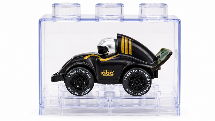 Mini Racing Car with Transparent Display Case – Collectible Die-Cast Style Motor Toy with Silver Driver Helmet, Sporty Wheels, and Protective Showcase Box for Kids and Collectors