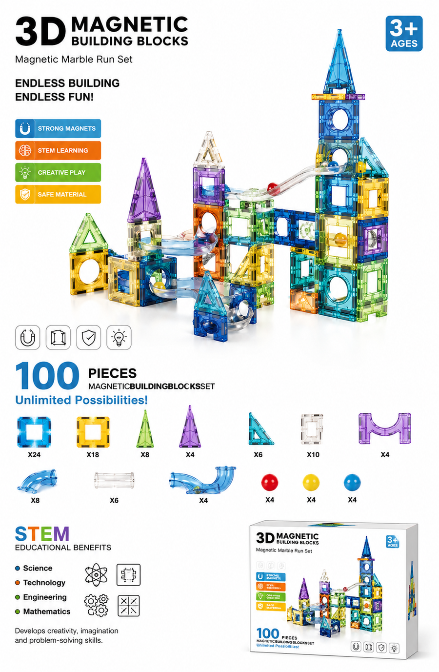 100 Pieces 3D Magnetic Building Blocks Marble Run Set – Educational STEM Construction Toy with Transparent Colorful Tiles, Racing Tracks, and Gift Box for Kids Age 3+