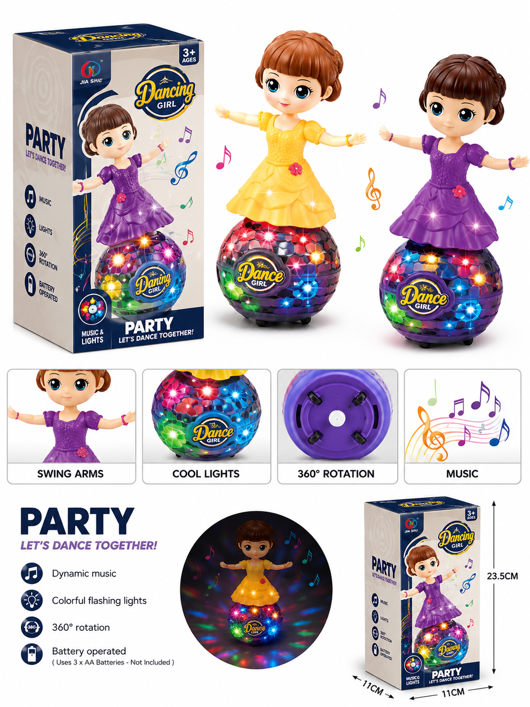 Dancing Girl Musical Toy – Rotating Electronic Doll with Dazzling Disco Ball Base, Colorful Flashing Lights, Cheerful Tunes, and Swinging Arms for Kids