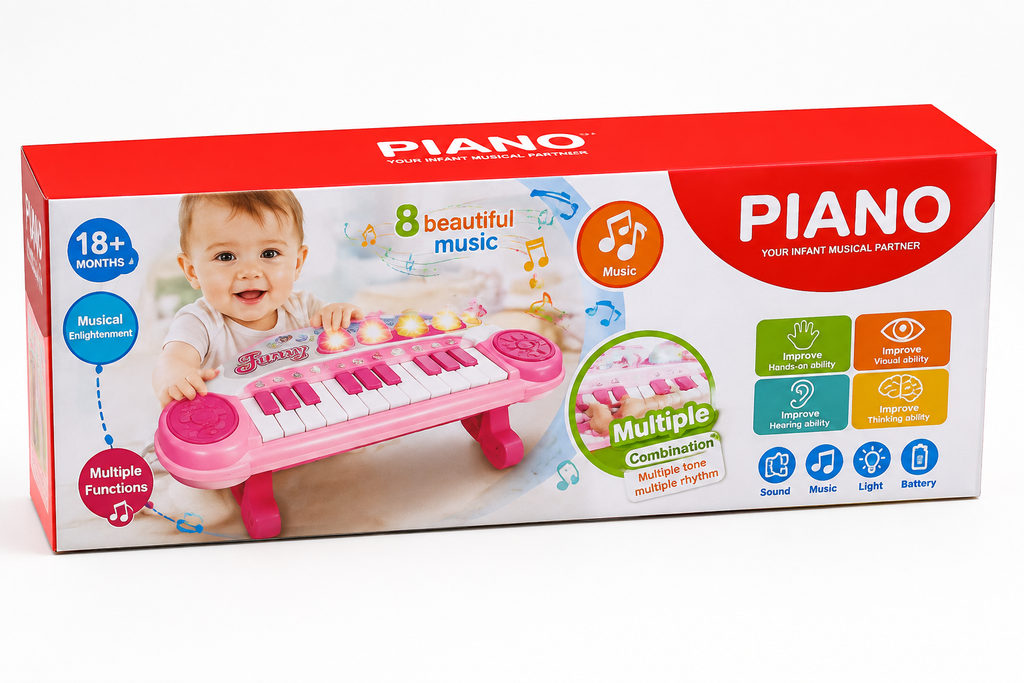 Baby Musical Piano Keyboard Toy – Pink Infant Learning Piano with 8 Melodies, Colorful Light-Up Effects, Multiple Tones, and Interactive Development Box