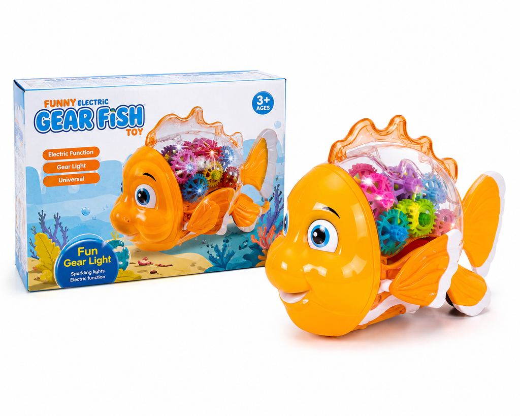Funny Electric Gear Fish Toy – Transparent Moving Mechanical Fish with Colorful Gears, Dazzling Light Effects, and Universal Motion Bump-and-Go Action