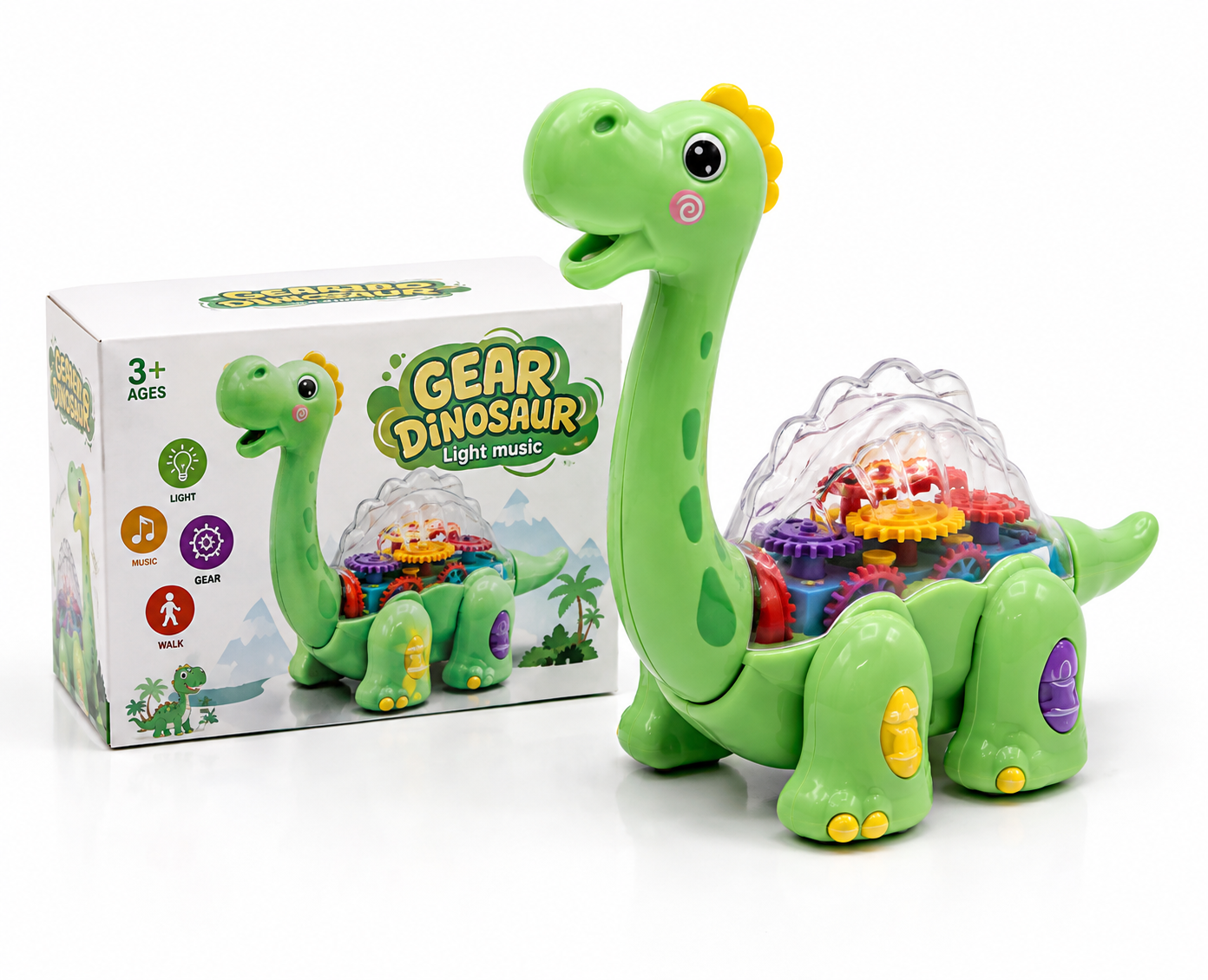 Gear Dinosaur Toy – Light & Music Walking Mechanical Dinosaur with Transparent Gear Body, Colorful Interlocking Gears, and Interactive Gift Box