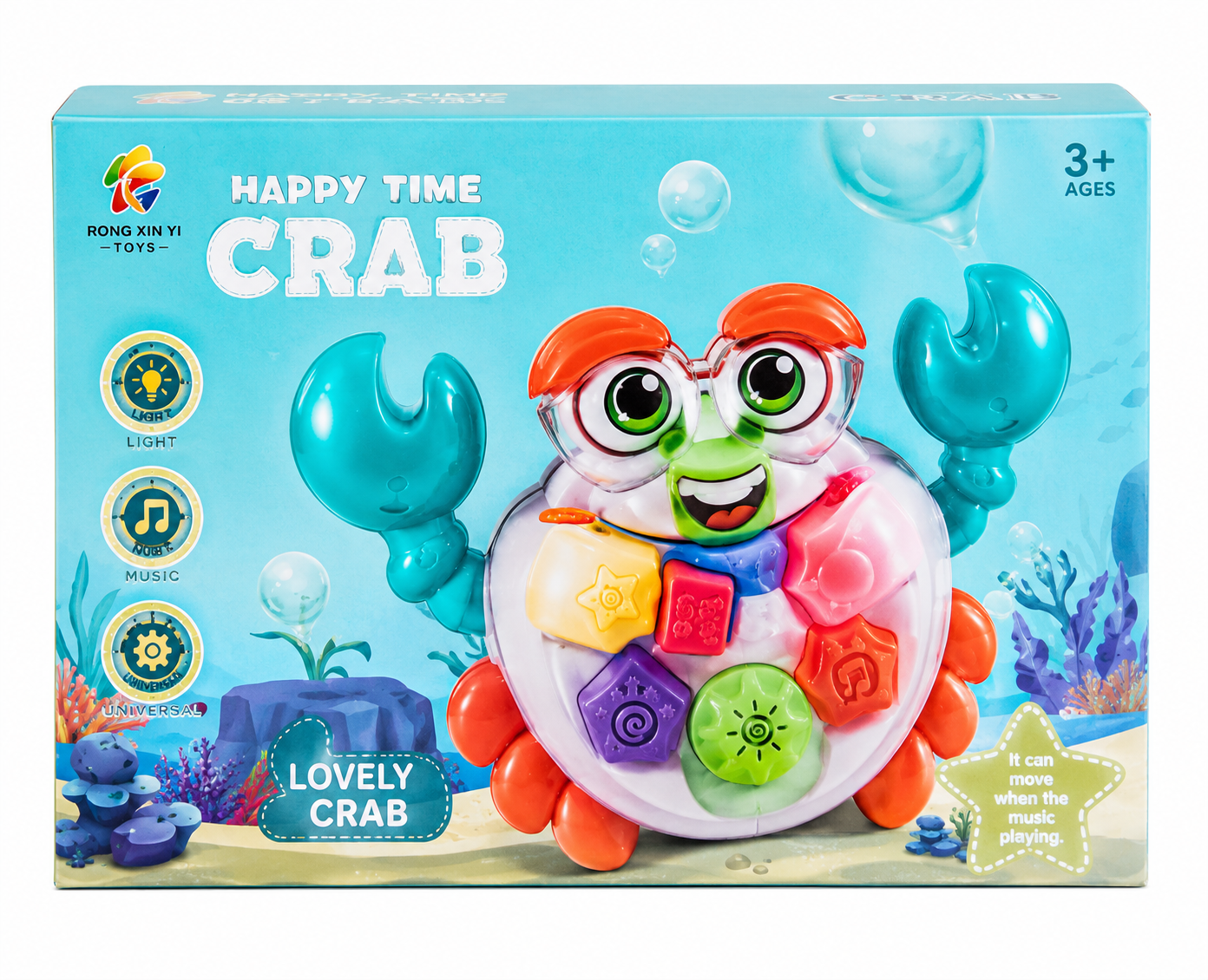 Happy Time Crab Toy – Interactive Musical Walking Crab with Colorful Shape Buttons, Glowing LED Lights, and Universal Bump-and-Go Action