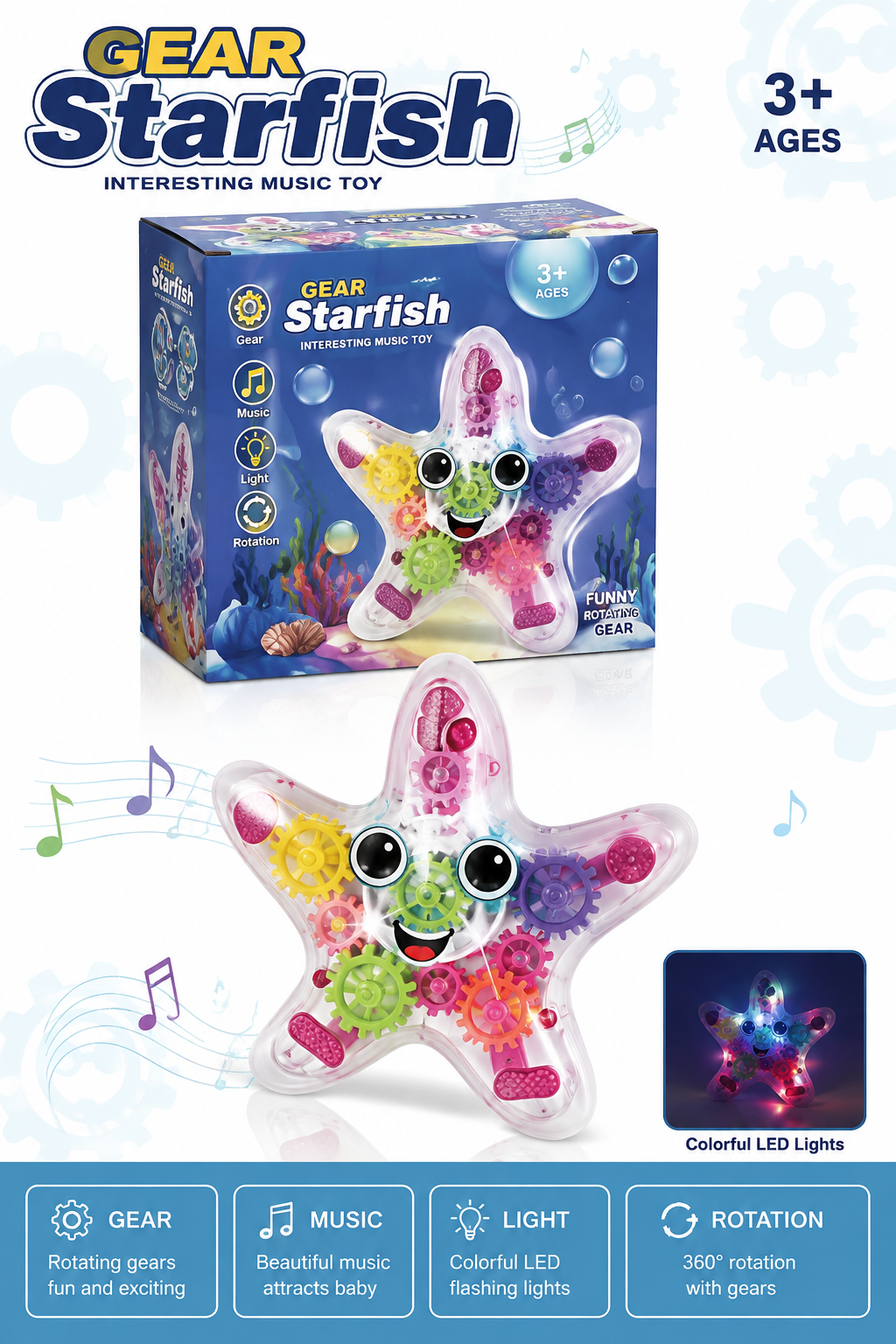 Gear Starfish Interesting Music Toy – Transparent Moving Mechanical Starfish with Colorful Rotating Gears, LED Lights, and 360° Rotation