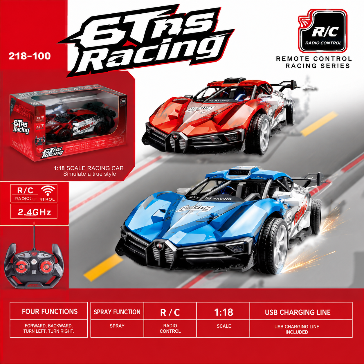 6Tns Racing 1:18 Scale RC Car with Spray Function, 2.4GHz Remote Control, 4-Way Driving, and USB Charging – High-Speed Electric Toy Car for Kids