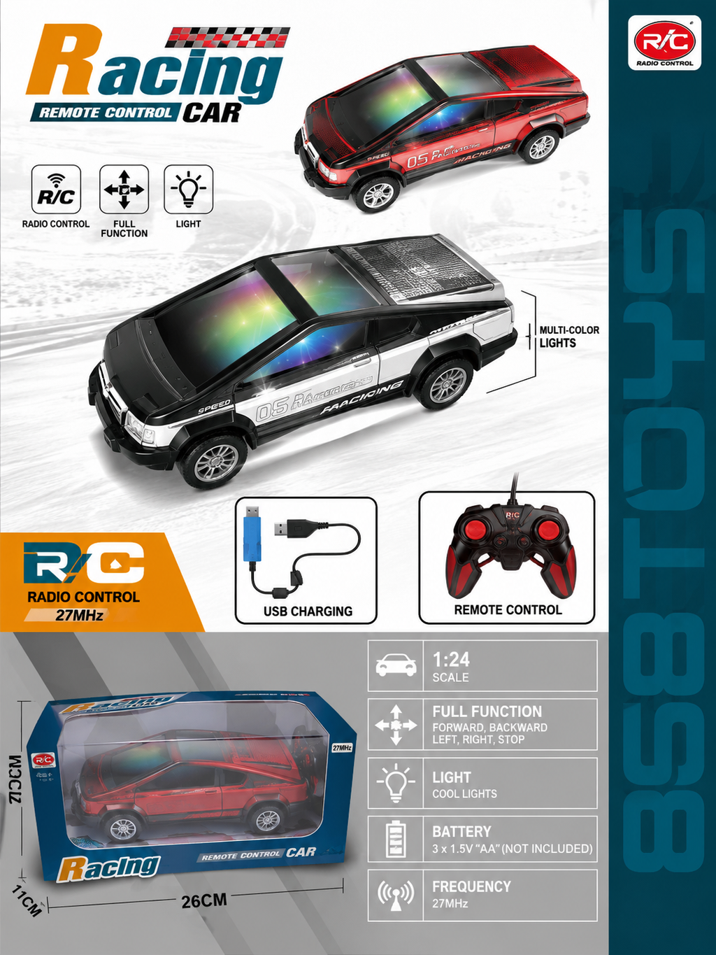Racing Remote Control Car - 1:24 Scale RC Toy with Multi-Color Roof Lights, Full Function Radio Control, and USB Charging