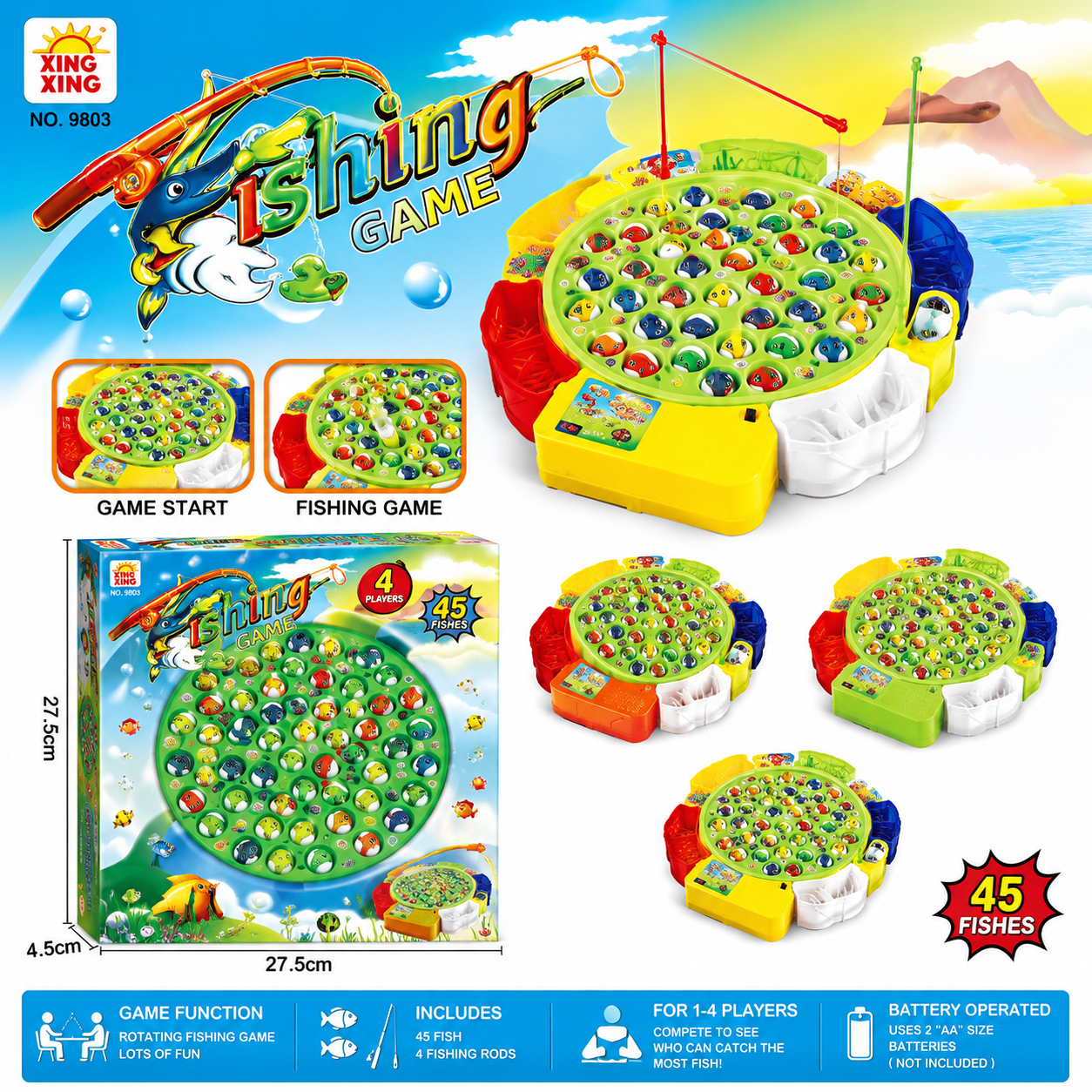 XING XING No. 9803 Fishing Game - 45-Fish Rotating Electronic Toy with 4 Fishing Rods for 1–4 Players