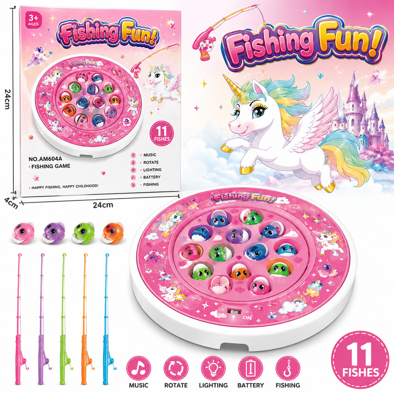 Unicorn Fishing Fun Game - Magical Musical Electronic Fishing Toy with 11 Colorful Fish, Rotating Action, and Lighting Effects for Kids Ages 3+