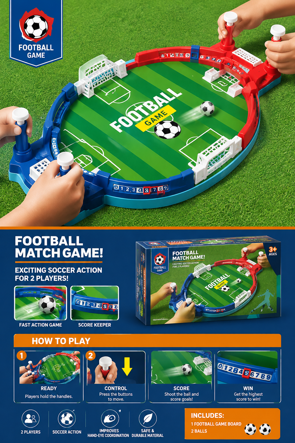 Tabletop Football Match Game - 2-Player Interactive Soccer Arena Toy with Easy Control Handles, Score Keeper, and 2 Balls for Kids