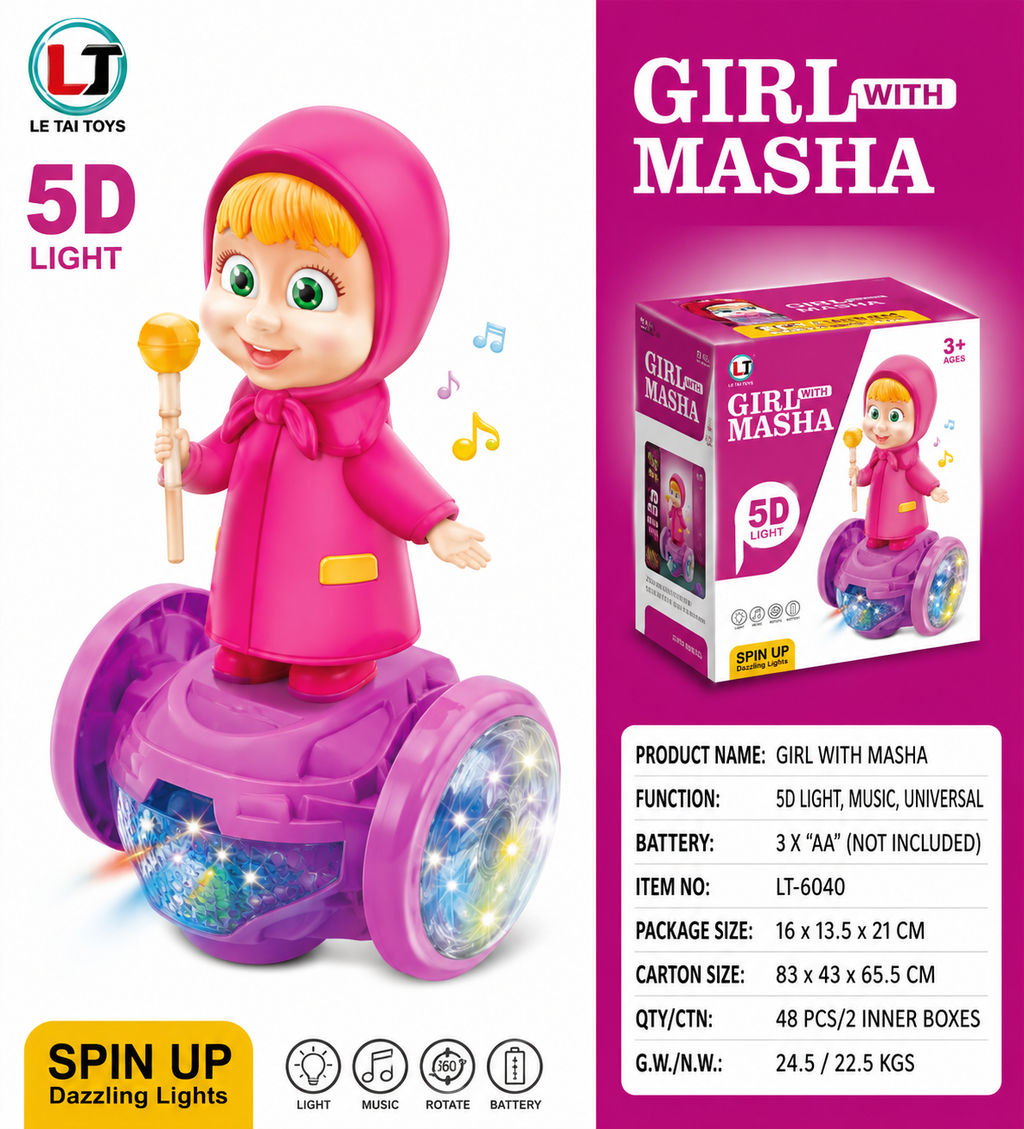 Girl with Masha - 5D Light & Musical Rotating Toy with Universal Movement and Dazzling Colorful Lights