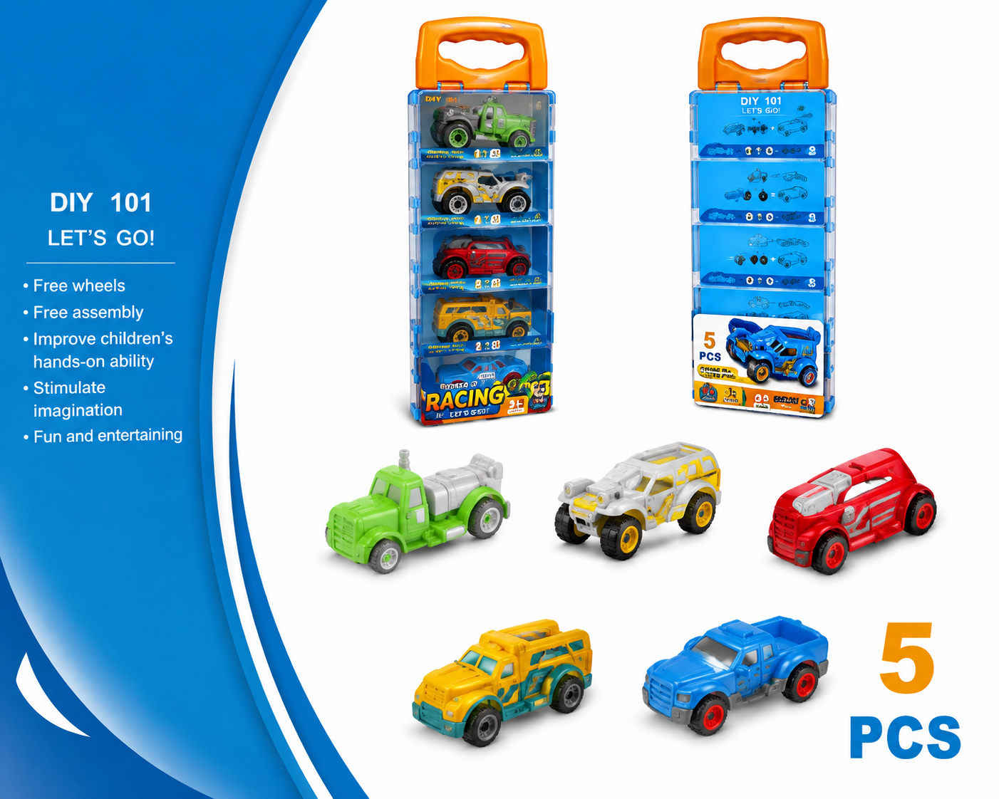 DIY 101 5PCS Toy Vehicle Set with Carrying Case – Creative Kids Car Playset