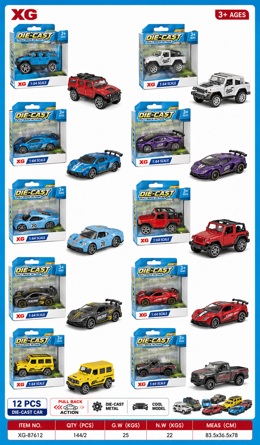12 PCS Die-Cast Metal Car Set – 1:64 Scale Pull-Back Toy Car Collection