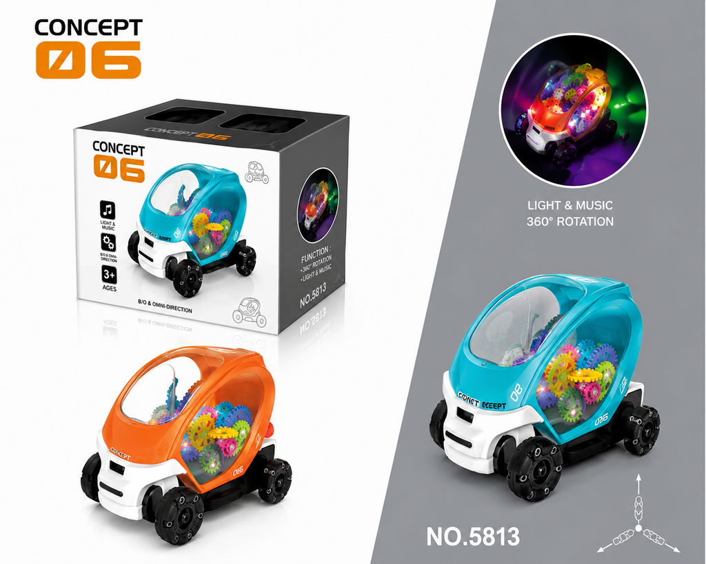 Concept 06 360° Rotation Toy Car with Lights & Music – Omni-Directional Gear Vehicle