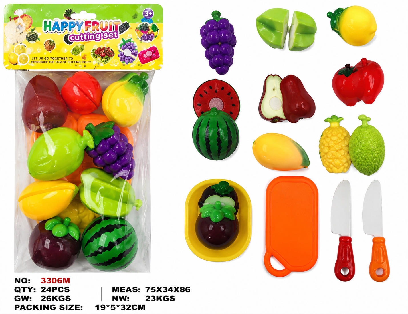 24 PCS Happy Fruit Cutting Set – Pretend Play Kitchen Toy Set for Kids