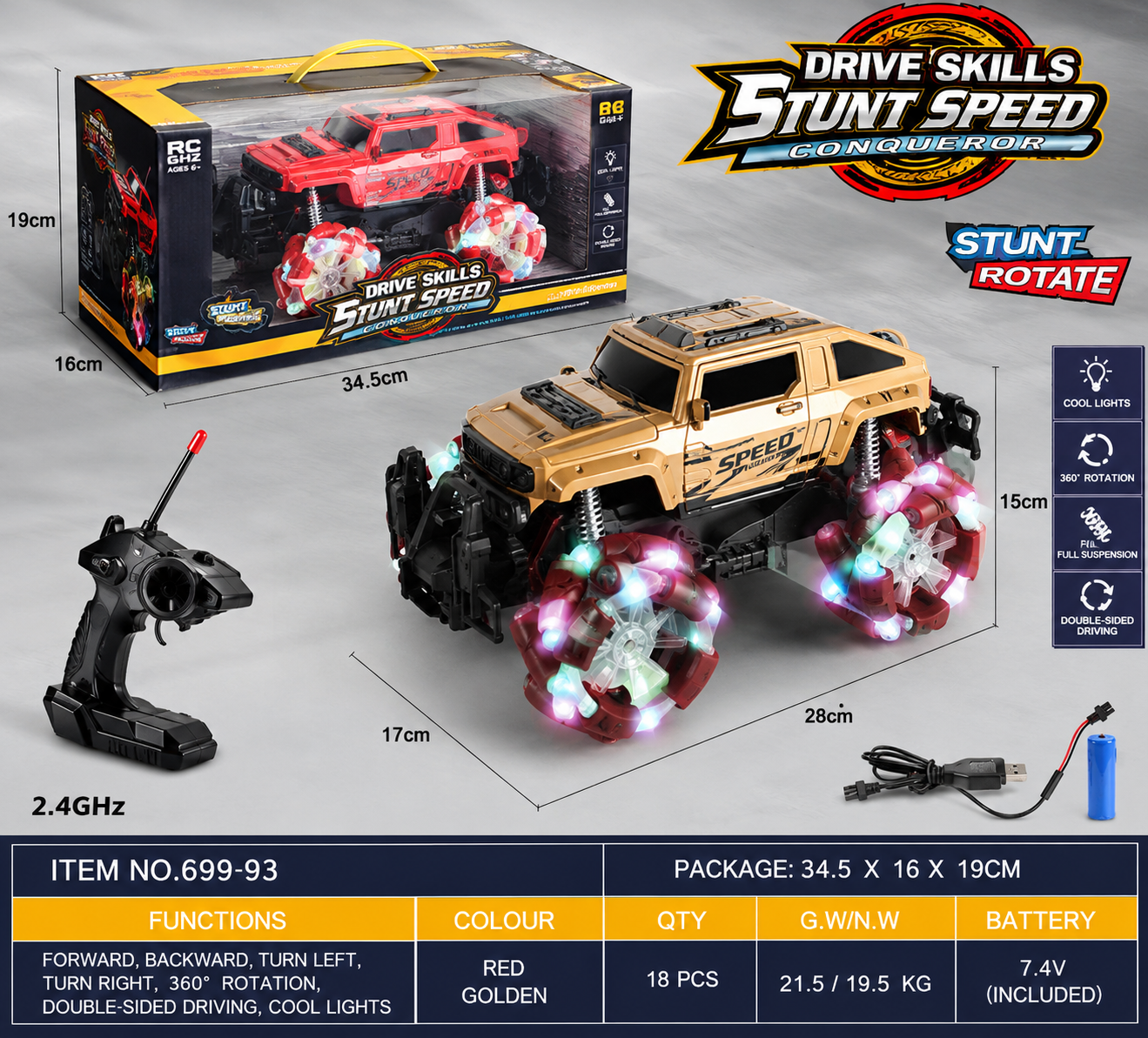Drive Skills RC Stunt Car – 2.4GHz Double-Sided 360° Rotating Remote Control Car