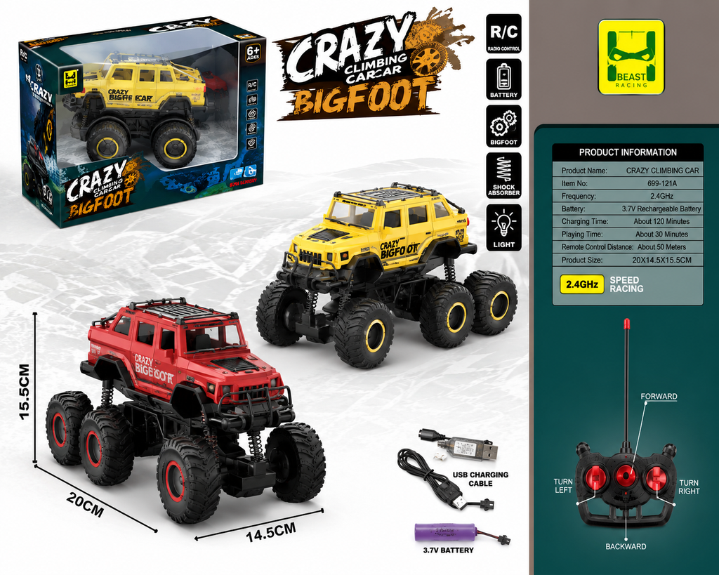 Crazy Climbing Bigfoot RC Monster Truck – 2.4GHz Rechargeable Remote Control Car