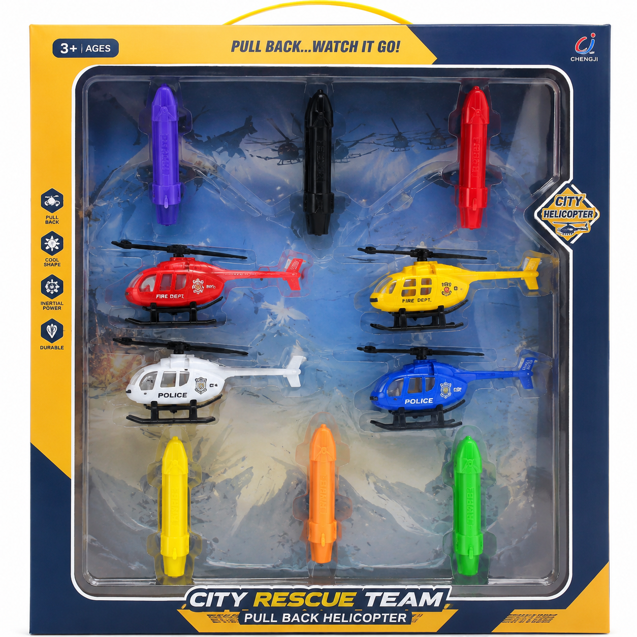 City Rescue Team Pull Back Helicopter Toy Set – 4 Mini Helicopters with Launchers
