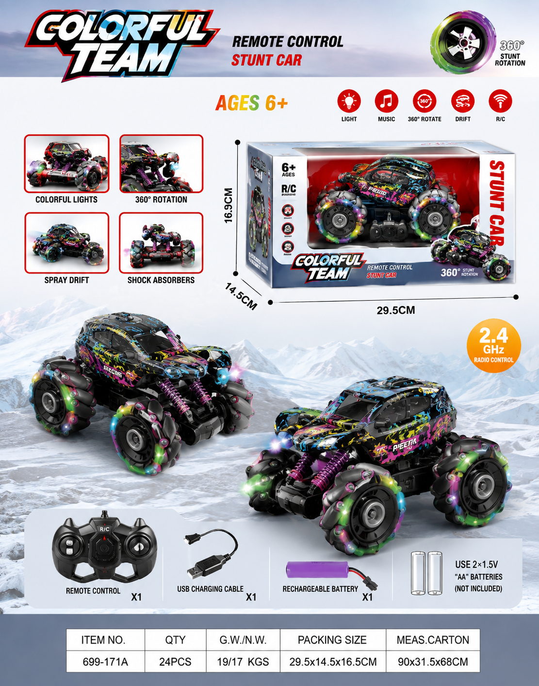 Colorful RC Stunt Car with 2.4GHz Remote Control – 360° Rotating Drift Toy