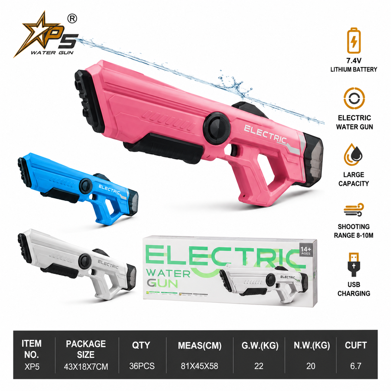 XP5 Electric Water Gun – Rechargeable Outdoor Water Blaster for Kids