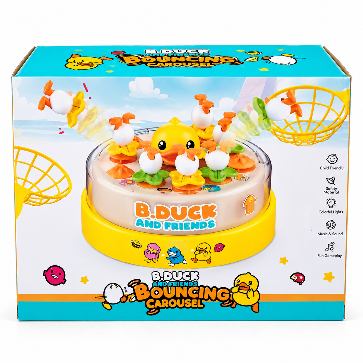 B.Duck & Friends Bouncing Carousel – Interactive Musical Catching Game with Lights