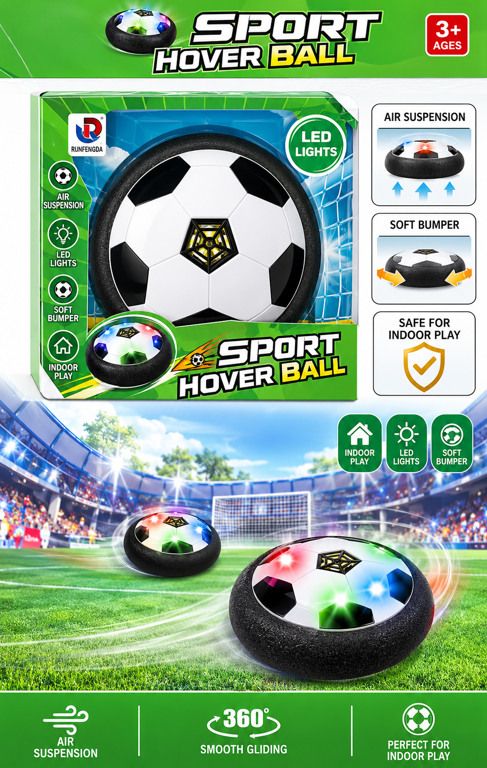 Runfengda Sport Hover Ball: Indoor LED Soccer Disc for Kids (Ages 3+)