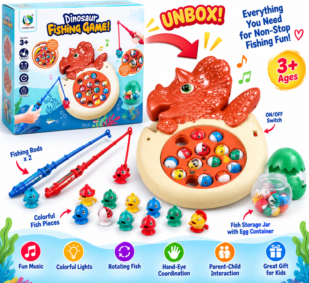 Dinosaur Fishing Game Set – Motorized Rotating Magnetic Fishing Toy with Music and Colorful Fish (Ages 3+)