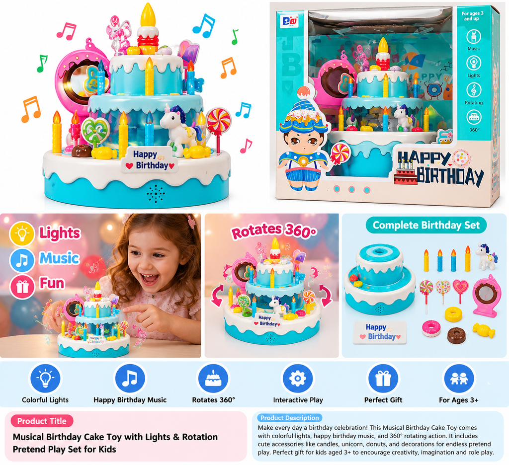 Kids Happy Birthday Cake Pretend Play Set – Colorful Multi-Layer Birthday Party Toy with Candles and Accessories (Age 3+)