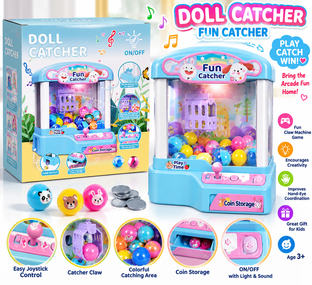 Kids Mini Doll Catcher Claw Machine Toy – Fun Arcade Crane Game with Joystick, Balls & Coin Storage