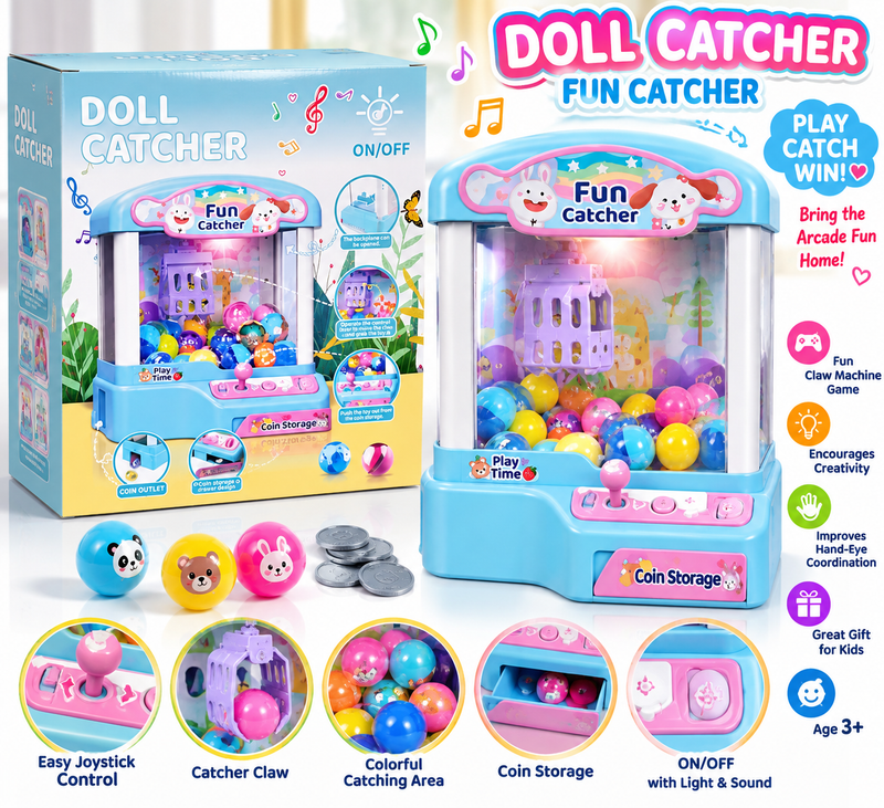 Kids Mini Doll Catcher Claw Machine Toy – Fun Arcade Crane Game with Joystick, Balls & Coin Storage