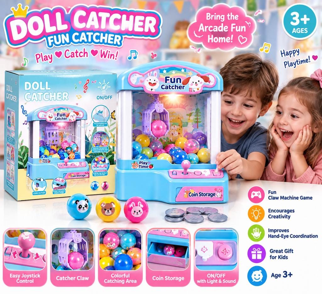 Kids Mini Doll Catcher Claw Machine Toy – Fun Arcade Crane Game with Joystick, Balls & Coin Storage