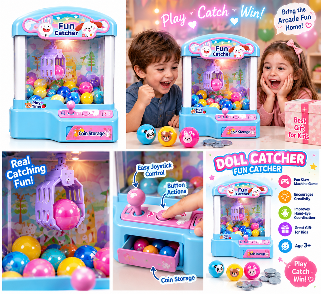 Kids Mini Doll Catcher Claw Machine Toy – Fun Arcade Crane Game with Joystick, Balls & Coin Storage